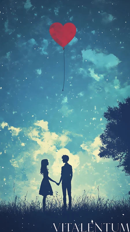 Two figures holding hands beneath red heart balloon in starlit sky