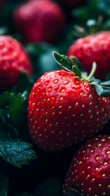 Ripe strawberry glistens with moisture in shallow depth field