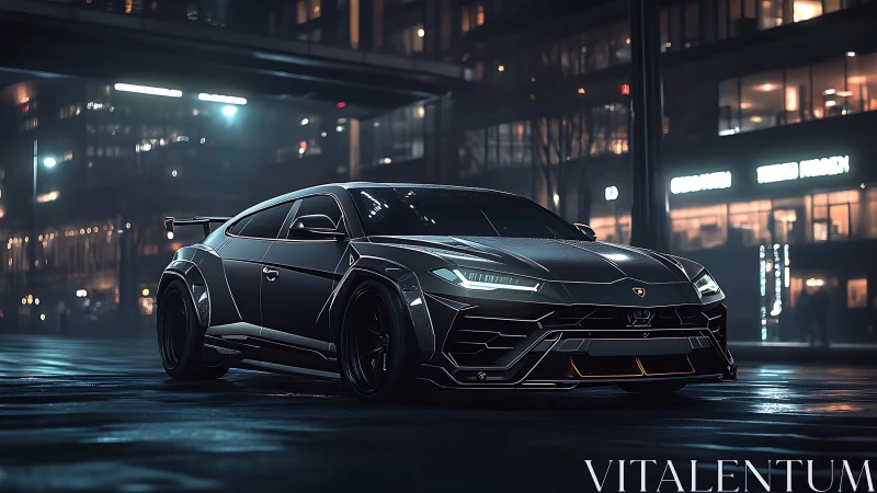 Sleek black supercar under neon city night rain glow.