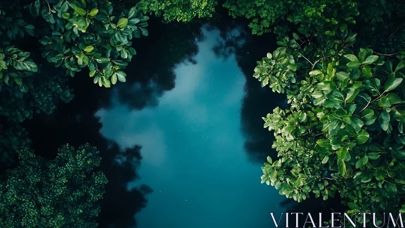 Aerial Lagoon: Luminous Water Framed by Lush Tropical Foliage