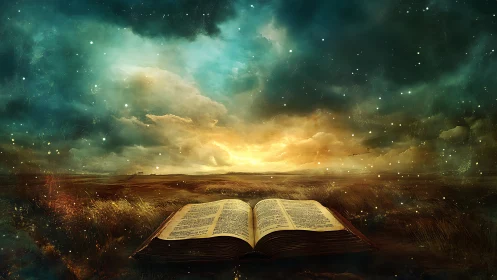 Illuminated open book anchors a glowing atmospheric fantasy landscape