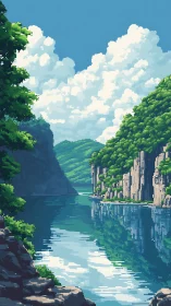 Pixel river canyon under towering summer clouds.