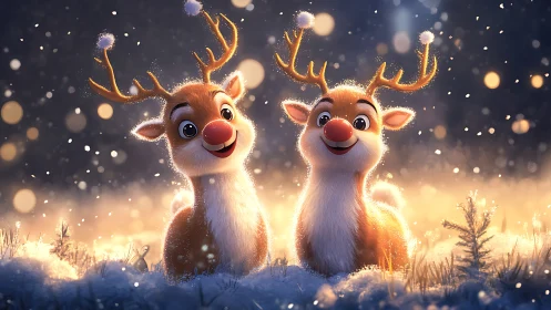 Snowlit twin reindeer giggling under storybook starlight.