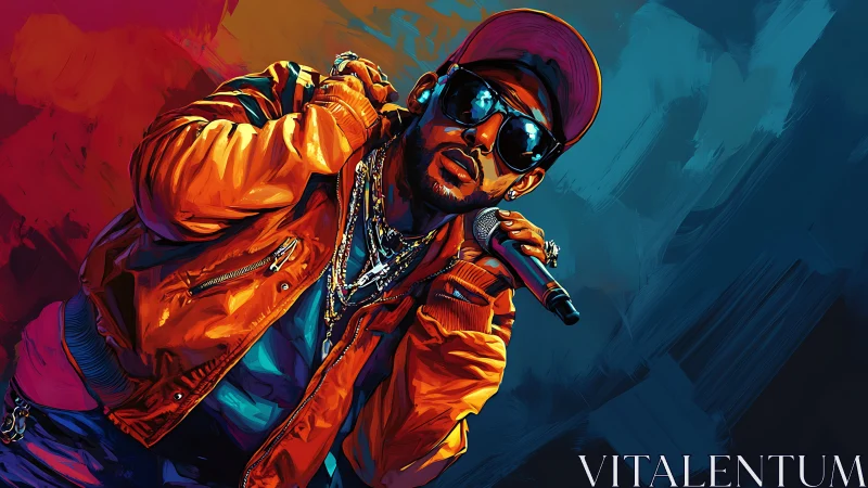 Neon-lit hip hop vocalist in dynamic three-quarter stage pose