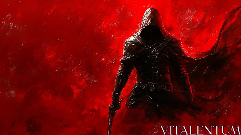 Hooded bladed silhouette emerging from turbulent red field.