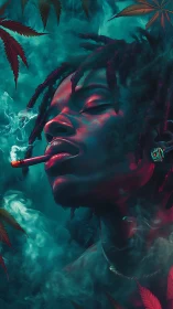 Neon lit portrait of relaxed smoker in dense teal smoke field