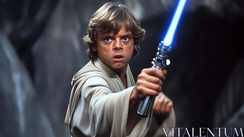 Young robed warrior with blue energy sword in rocky cavern