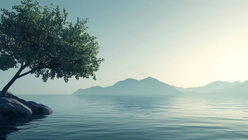 Solitary shoreline tree overlooks misty pastel mountains.