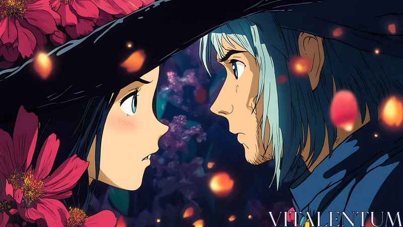 Intimate anime close-up uniting profiles amid glowing bokeh