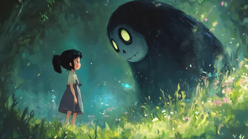 Child facing large forest creature in glowing woodland scene.