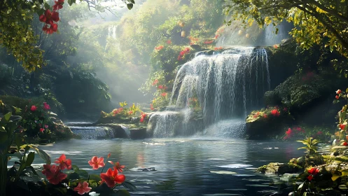 Waterfall cascades into reflective pool amid dense floral forest
