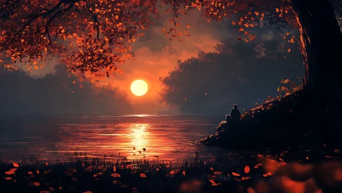 Backlit autumn lakeside silhouette under saturated sunset glow