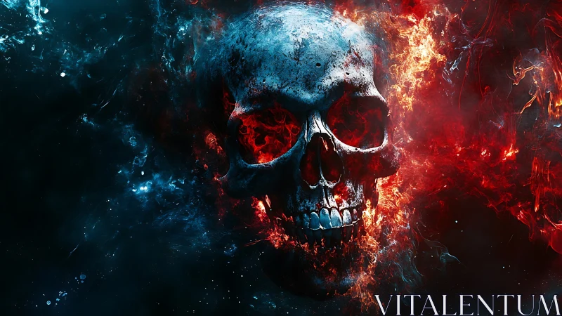 Infernal skull engulfed in blue smoke and dynamic red fire.