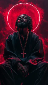 Portrait of seated man with halo-like red neon circle.