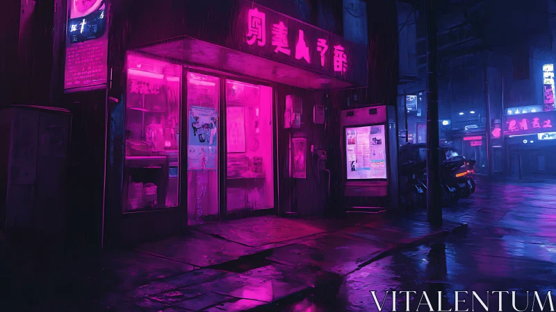 Neon-soaked alley storefront in rain-drenched cyberpunk night.
