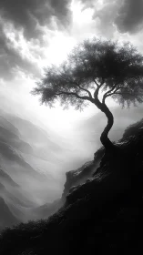 Solitary mountain tree quietly embraces the stormy light