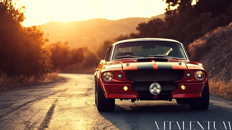 Classic red muscle car on winding road at sunset.
