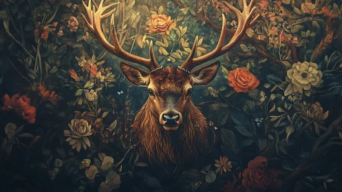 Majestic stag portrait framed by dense baroque florals