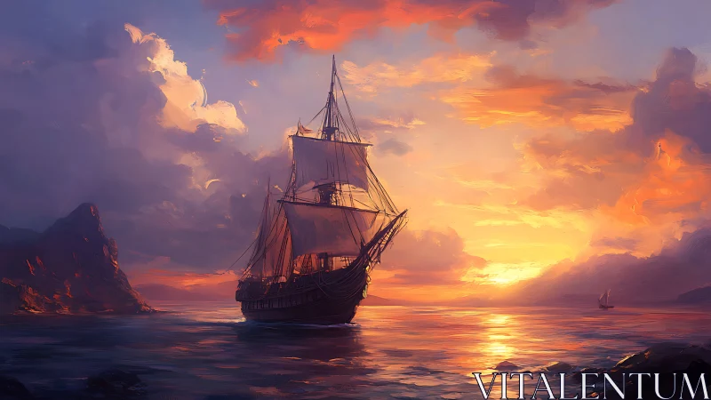 Triply masted sailing vessel against radiative sunset skyscape.
