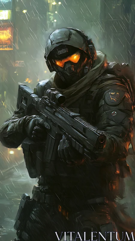 Armored cyber soldier with glowing eyes in rainy night.