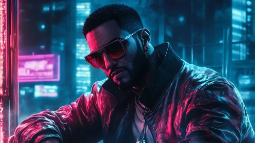 Neon-lit urban portrait applies strong rim lighting and color contrast