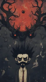 Moody mustached dreamer beneath a looming antlered shadow.