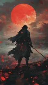 Armored swordsman silhouetted against colossal blood moon.