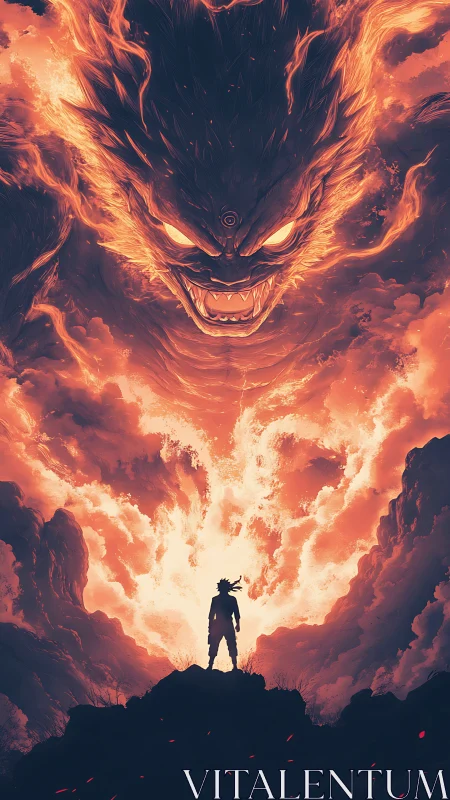 Silhouetted warrior confronts colossal fiery demon cloud