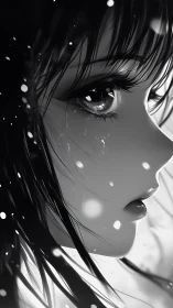 Monochrome anime girl in falling snow with tearful gaze.
