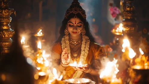 Temple firelit goddess in marigold silk blessing the night.