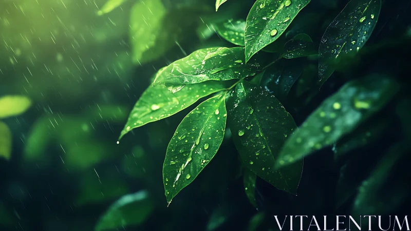 Rain-kissed jungle leaves glowing in emerald hush.