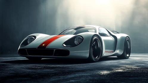 Retro-futuristic race car glows in misty cinematic light