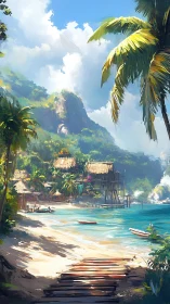Tropical Island Village with Mountain Backdrop and Crystalline Waters