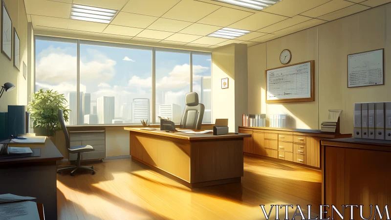 Sunlit executive office interior with panoramic urban skyline.