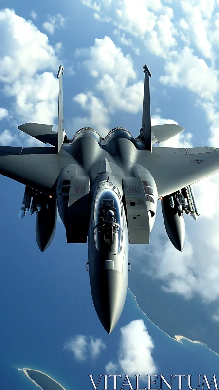 Photorealistic aerial fighter jet study in vertical symmetry.