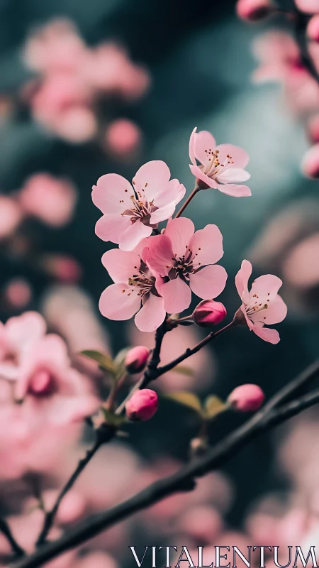 Pink Cherry Blossoms on Dark Branches.