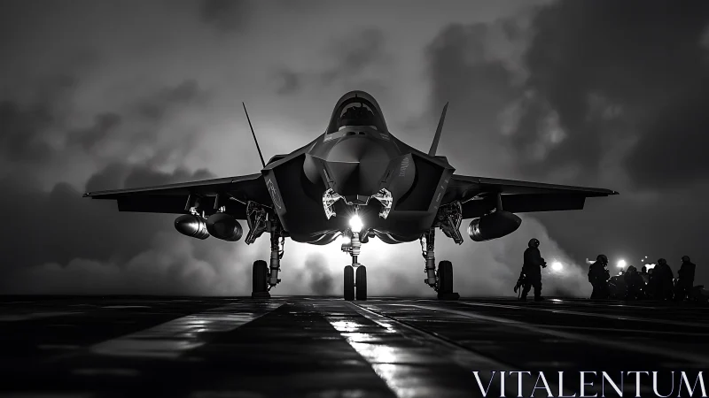 Stealth fighter jet on carrier deck at night in silhouette.