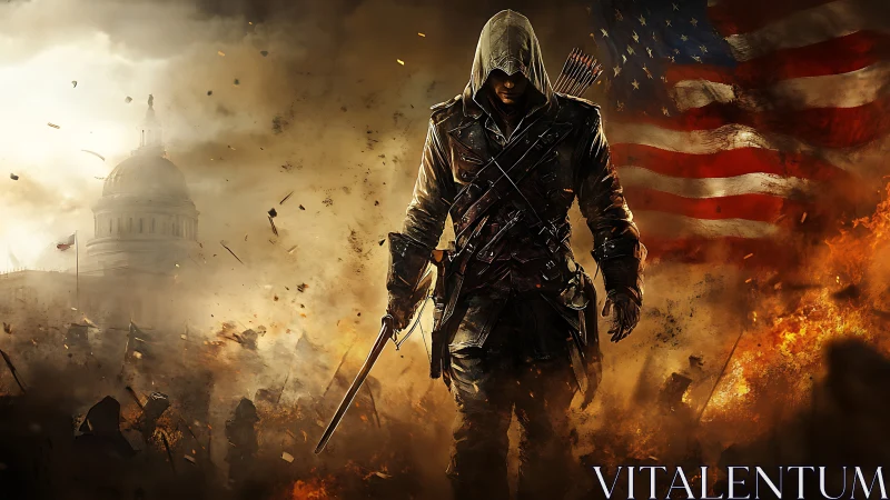 Hooded colonial warrior amid battlefield smoke and US flag