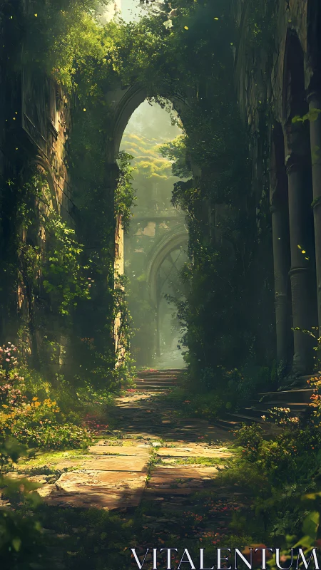Overgrown vaulted ruin corridor with volumetric forest light.