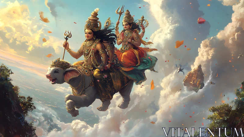 Aerial procession of divine riders on armored flying elephant.