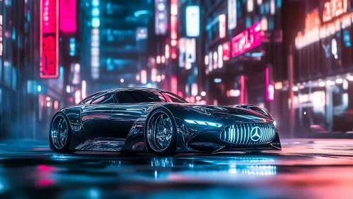 Futuristic Mercedes hypercar glows in neon cyberpunk city night.