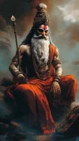 Digital painting of ascetic sage with staff and ornate regalia.