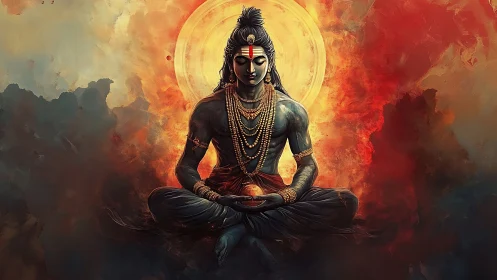 Meditative blue deity before radiant solar halo in clouds