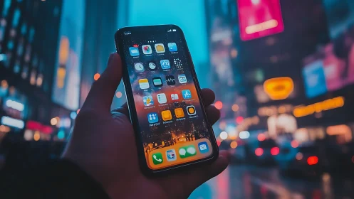 Smartphone screen glows against neon soaked city evening