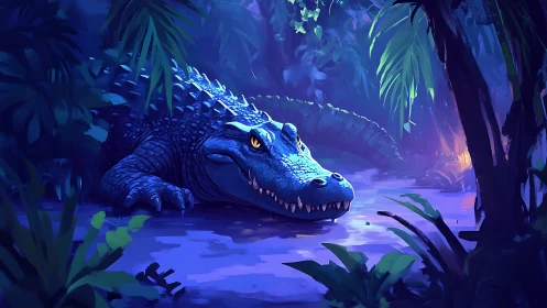 Crocodile resting in moonlit jungle swamp environment.