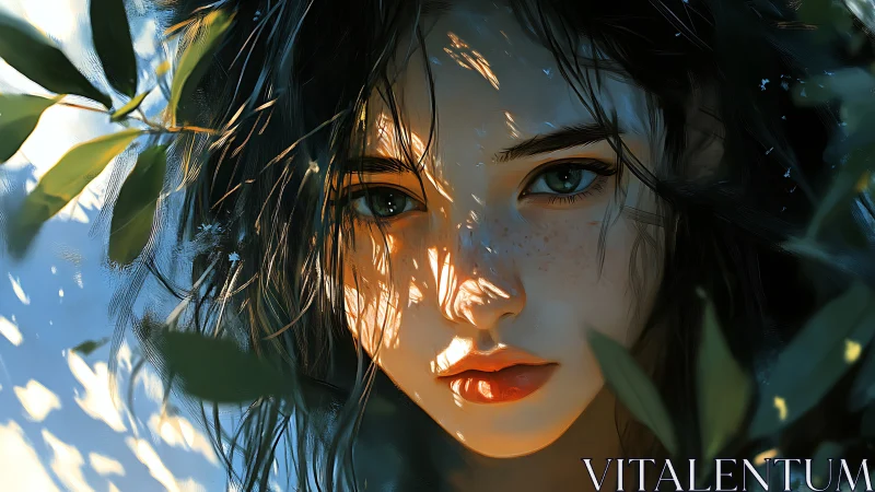 Freckled female face in foliage with dappled light patterns.