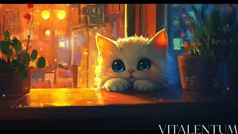 Luminous feline figure rendered with warm chromatic ambience in urban environment scene