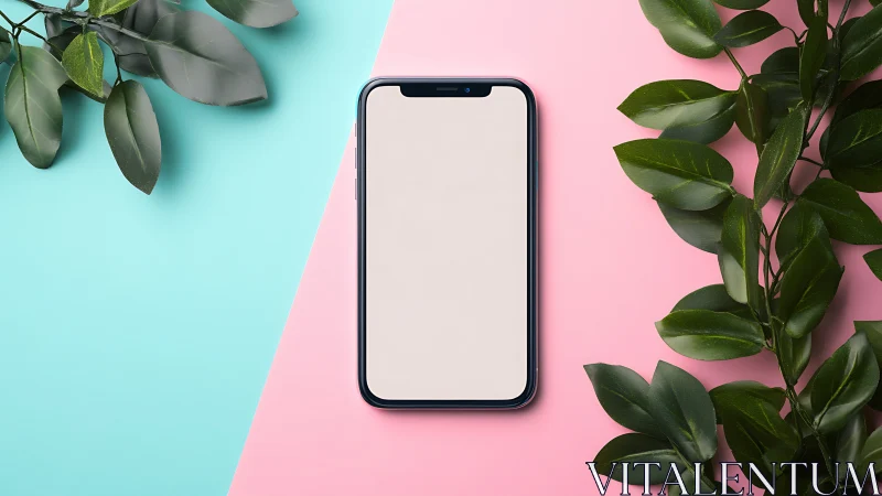 Smartphone flat lay with botanical elements and color block background.