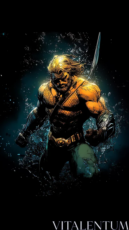 Storm-lit sea warrior rising from the deep with resolve.