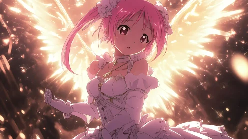 Anime angelic girl with luminous wings in radiant bloom.